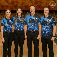 Load image into Gallery viewer, Men women bowling team wearing Black and Blue Galaxy personalized bowling uniforms and tournament jerseys
