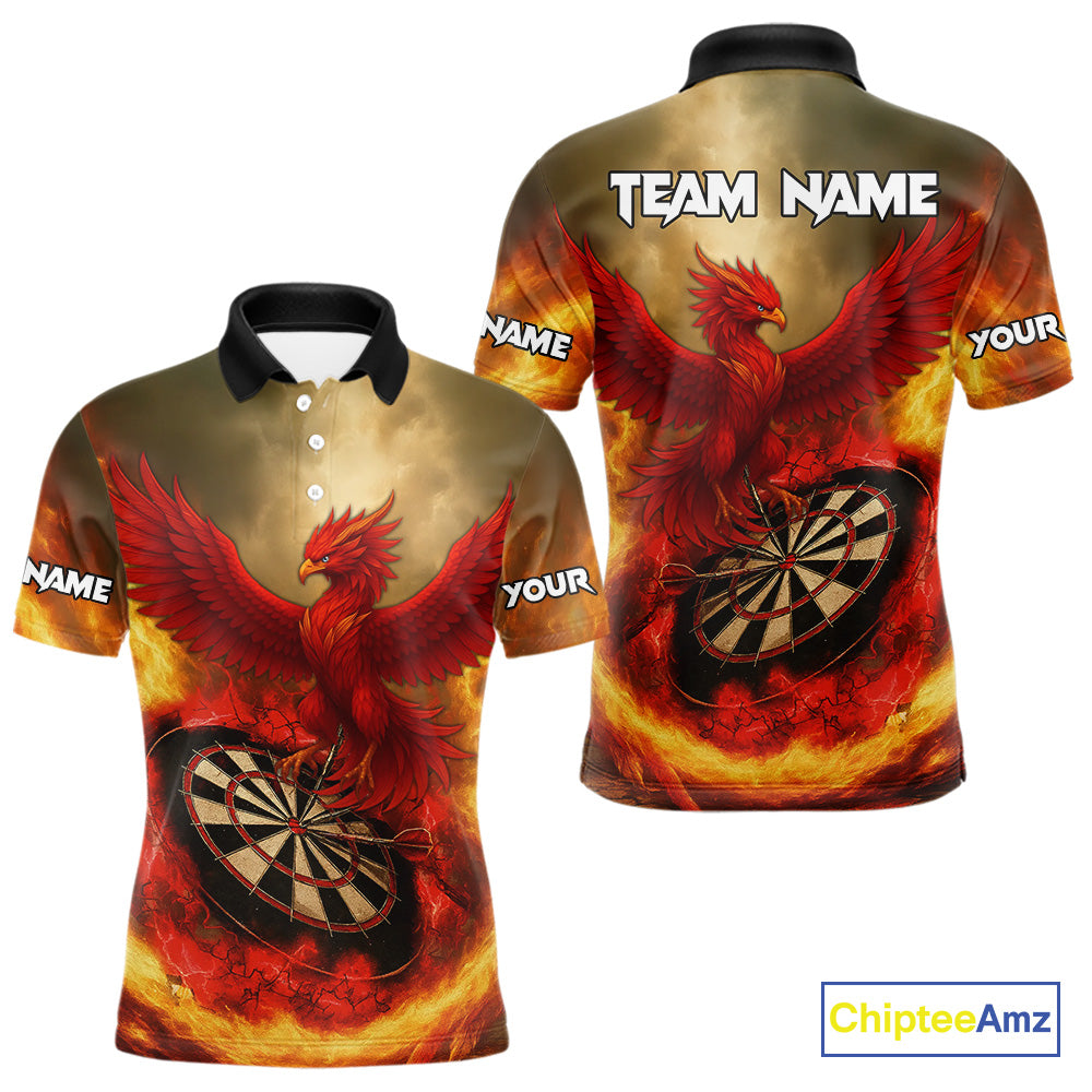 Red Phoenix & Flame Dartboard Men's Darts 1/4-Zip Shirt - Custom Name For Players NYN0765