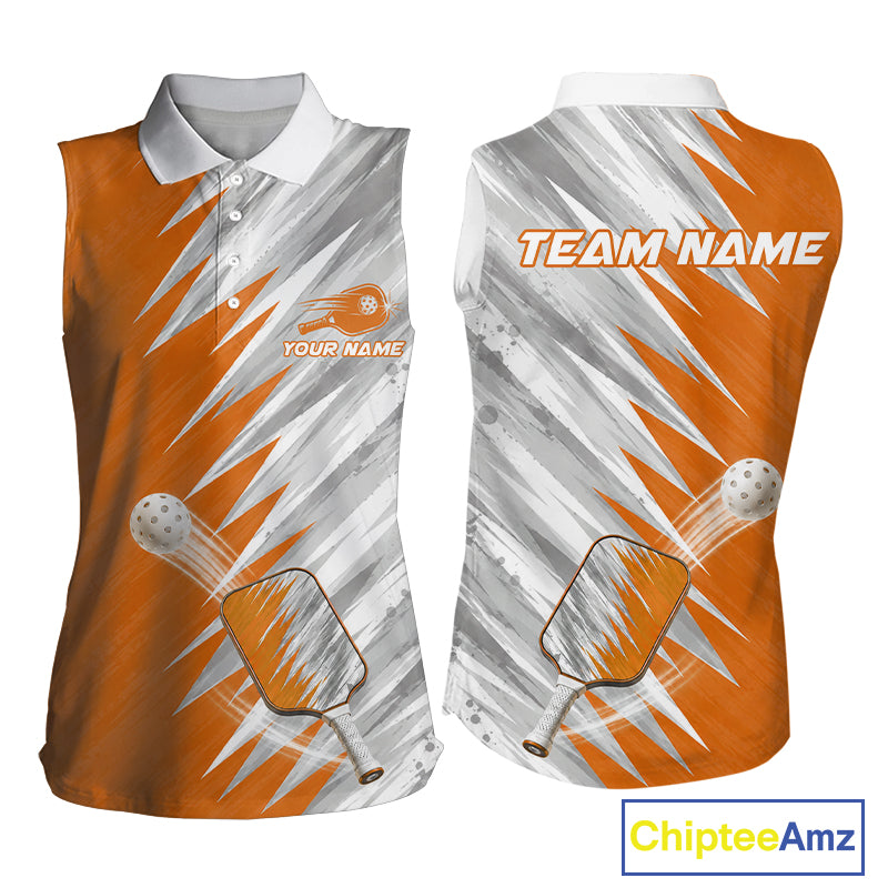 Custom Orange And Grey Strike Womens Sleeveless Polo Pickleball Shirt Pickleball Jersey For Pickleball Lovers NYN4108