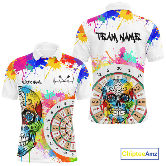 Custom Colorful Splatter Skull Dartboard Men Darts Polo Team Shirts Dart Jerseys | White NYN2211