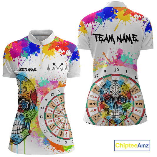 Custom Colorful Splatter Skull Dartboard Women Darts Quarter-Zip Team Shirts Dart Jerseys | White NYN2211