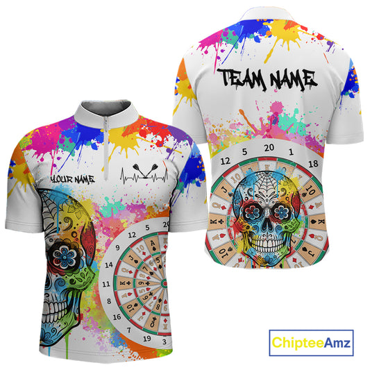 Custom Colorful Splatter Skull Dartboard Men Darts Quarter-Zip Team Shirts Dart Jerseys | White NYN2211