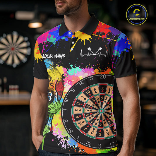 Custom Colorful Splatter Skull Dartboard Men Darts Polo Team Shirts Dart Jerseys | Black NYN2212