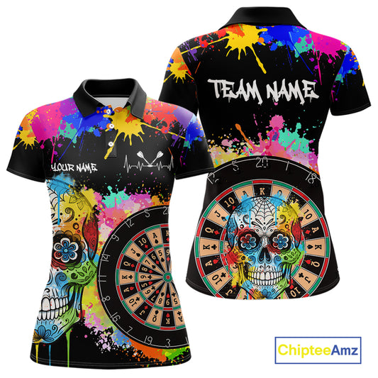Custom Colorful Splatter Skull Dartboard Women Darts Polo Team Shirts Dart Jerseys | Black NYN2212