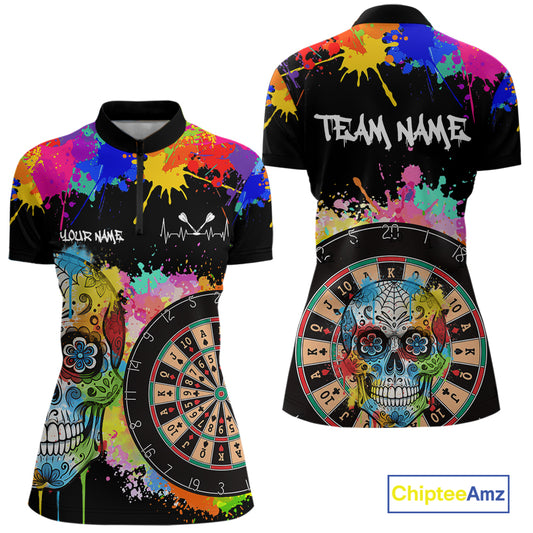 Custom Colorful Splatter Skull Dartboard Women Darts Quarter-Zip Team Shirts Dart Jerseys | Black NYN2212