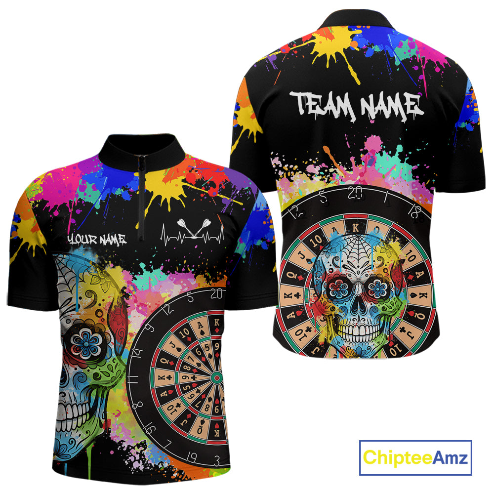 Custom Colorful Splatter Skull Dartboard Men Darts Quarter-Zip Team Shirts Dart Jerseys | Black NYN2212