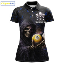 Load image into Gallery viewer, Blue Grunge Grim Reaper Hold 8 Ball &amp; 9 Ball Pool Women Billiard Shirt Custom Billiard Team Attire NYN2703