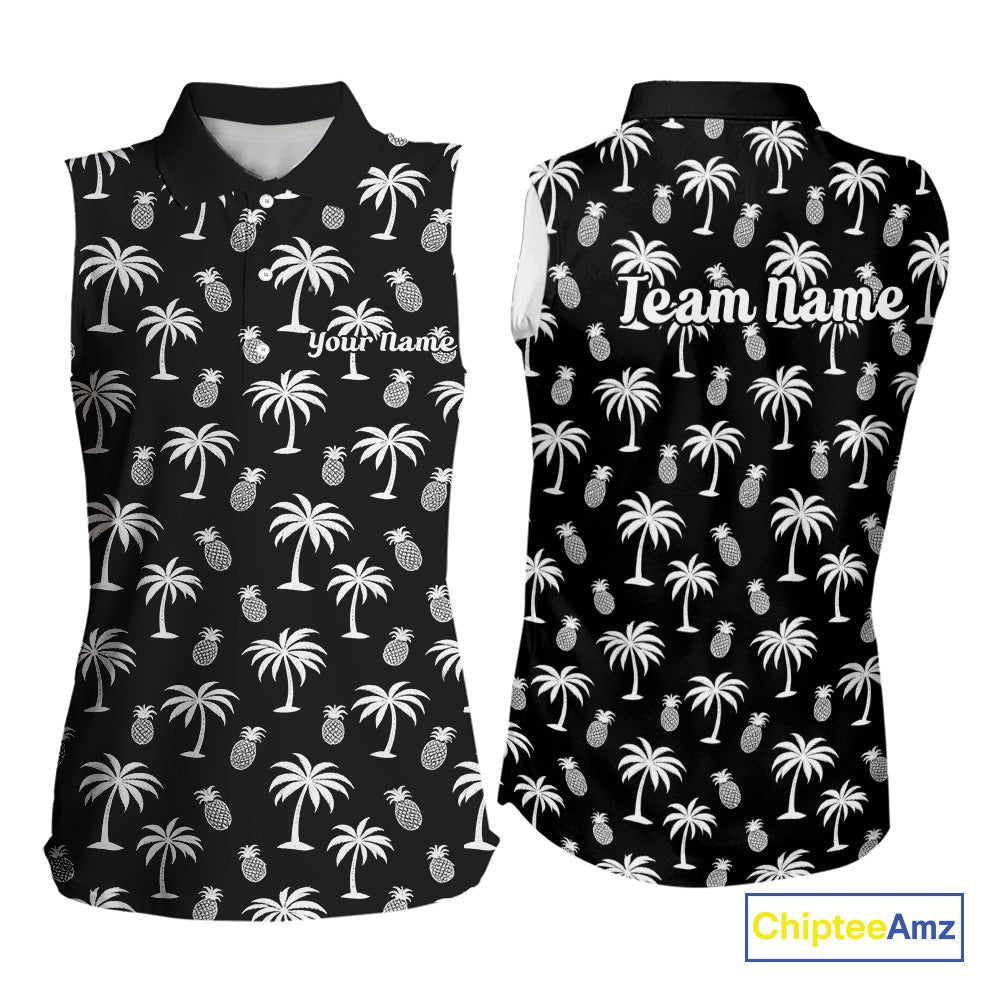 Personalized Tropical Palm Trees Pineapple Women Golf Sleeveless Polo Shirts Black White Team Golf Clothes NYN2863