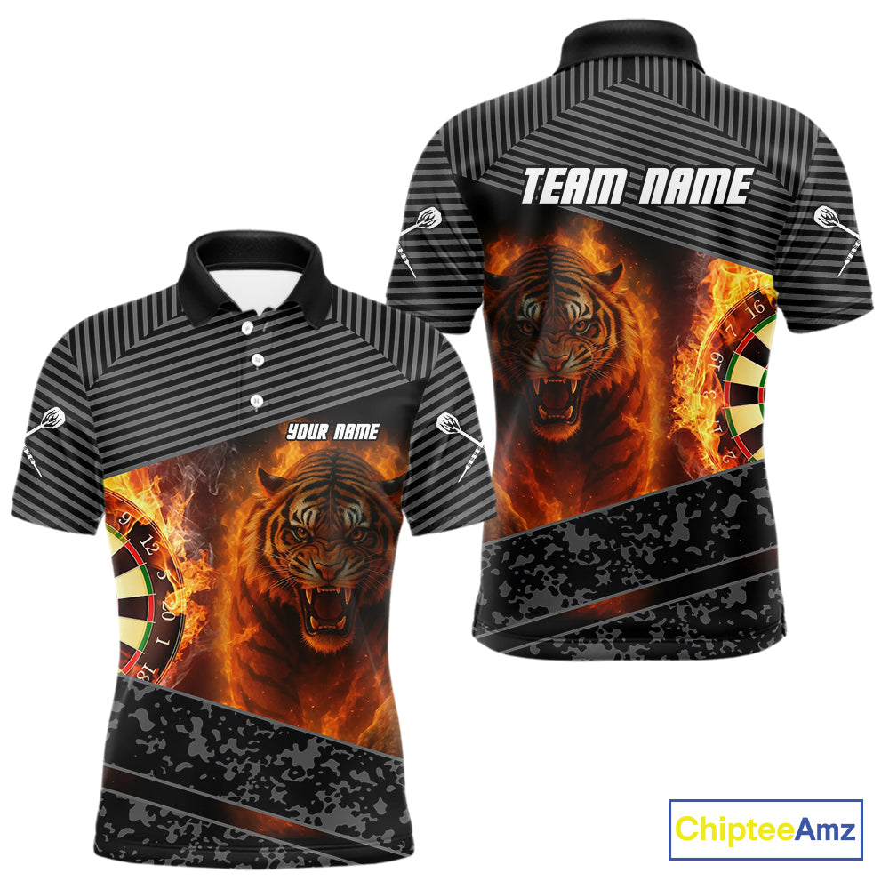 Custom Men's Darts Shirts With Fiery Tiger & Flaming Dartboard, Darts Jersey NYN0299