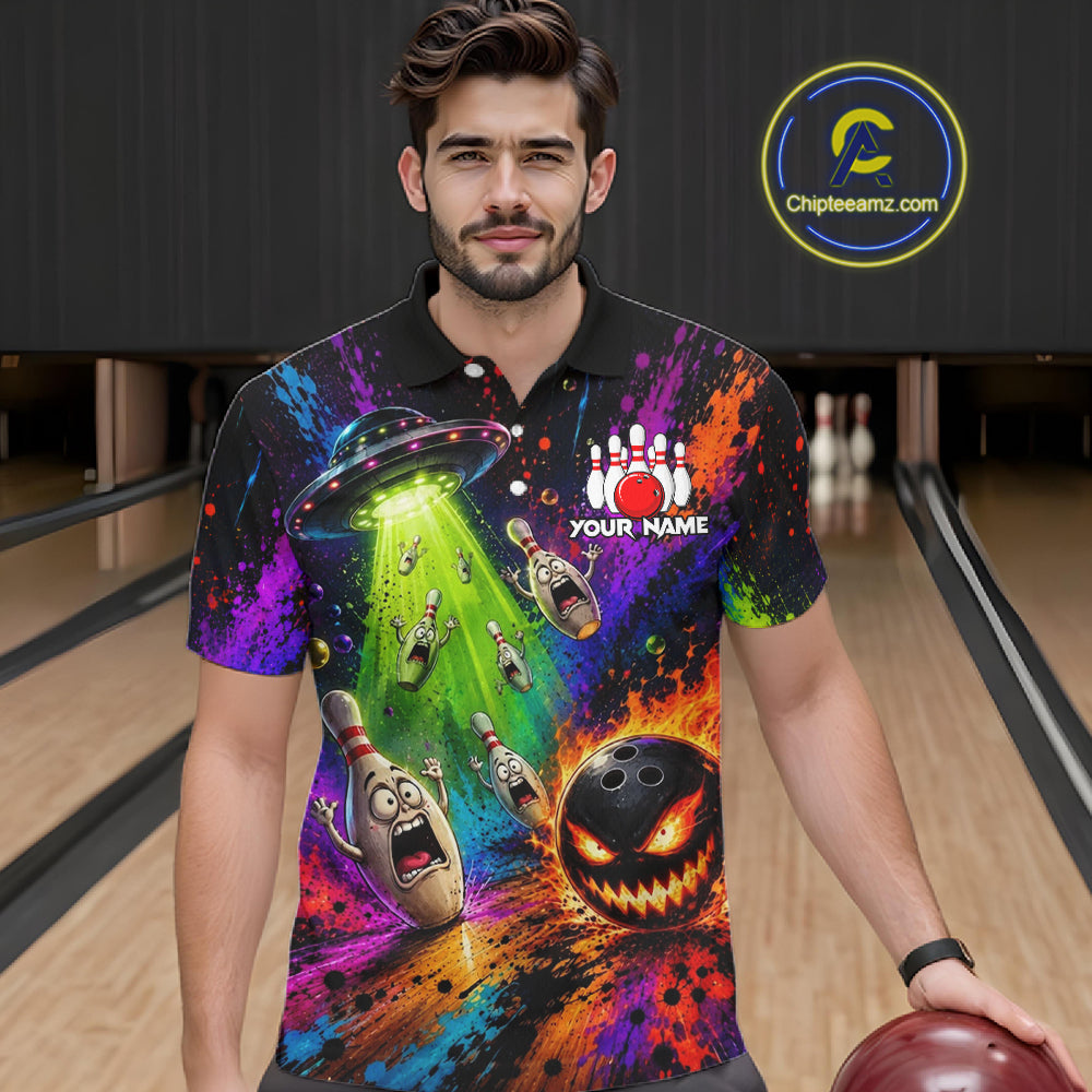 Male bowler wearing UFO Alien bowling shirt featuring space-inspired graphics, esports lifestyle, innovation, curiosity, custom bowling league apparel, modern athletic fashion.