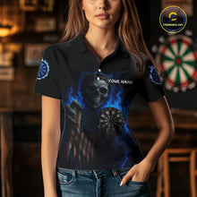 Load image into Gallery viewer, Custom Blue Flames Skeleton USA Flag Dart Women Polo Jerseys Patriotic Dart Team Shirt NYN1698