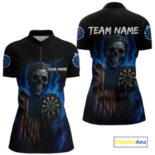 Load image into Gallery viewer, Custom Blue Flames Skeleton USA Flag Dart Women 1/4-Zip Jerseys Patriotic Dart Team Shirt NYN1698