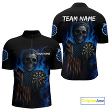 Load image into Gallery viewer, Custom Blue Flames Skeleton USA Flag Dart Men 1/4-Zip Jerseys Patriotic Dart Team Shirt NYN1698