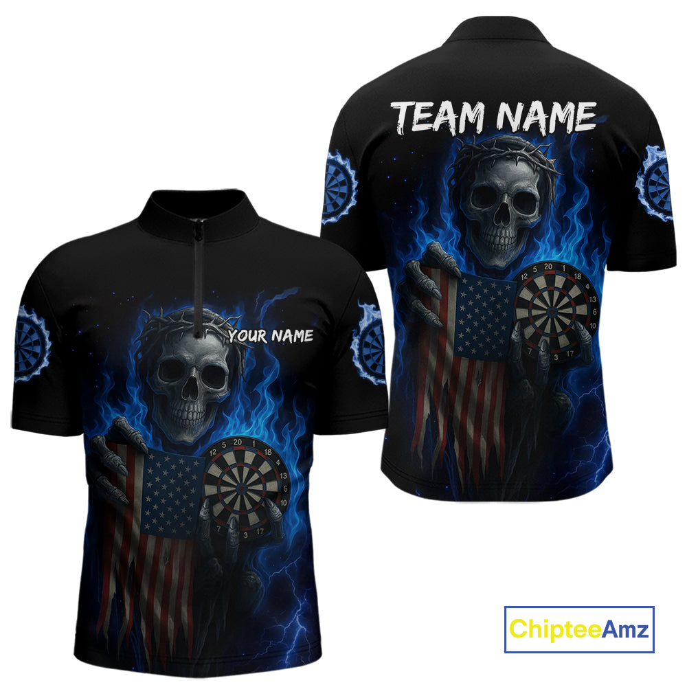 Custom Blue Flames Skeleton USA Flag Dart Men 1/4-Zip Jerseys Patriotic Dart Team Shirt NYN1698