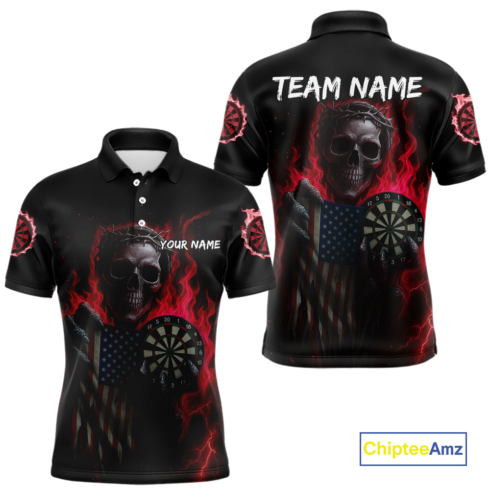Custom Red Flames Skeleton USA Flag Dart Men Polo Jerseys Patriotic Dart Team Shirt NYN1699