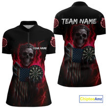 Load image into Gallery viewer, Custom Red Flames Skeleton USA Flag Dart Women 1/4-Zip Jerseys Patriotic Dart Team Shirt NYN1699