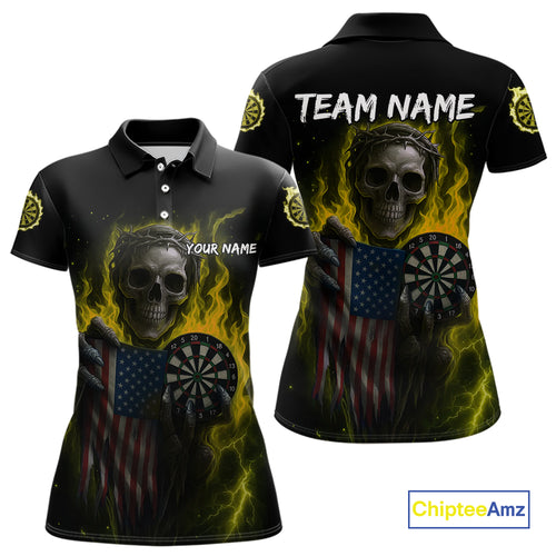 Custom Yellow Flames Skeleton USA Flag Dart Women Polo Jerseys Patriotic Dart Team Shirt NYN1700