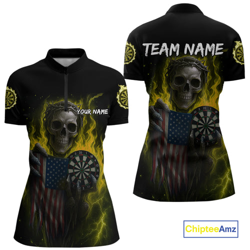 Custom Yellow Flames Skeleton USA Flag Dart Women 1/4-Zip Jerseys Patriotic Dart Team Shirt NYN1700