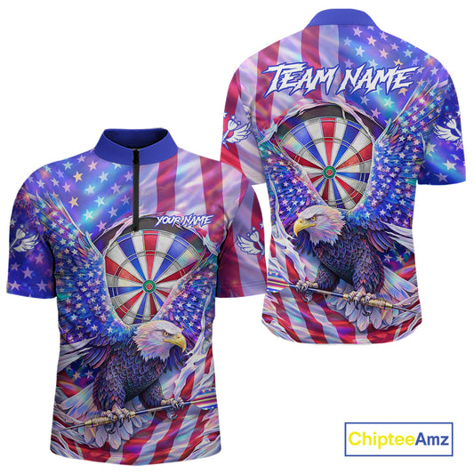 Funny Eagle Freedom Patriotic Darts Quarter-zip Shirt For Men Custom Holographic US Flag Dart Jerseys NYN2520