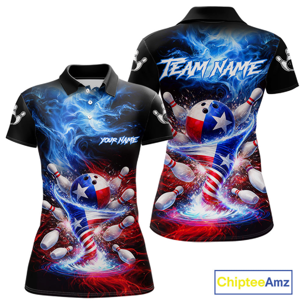 Personalized Fire Flame Texas Flag Tornado Bowling Team Shirts For Women Patriotic Bowling Gifts NYN2722