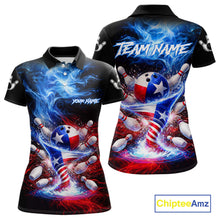 Load image into Gallery viewer, Personalized Fire Flame Texas Flag Tornado Bowling Team Shirts For Women Patriotic Bowling Gifts NYN2722