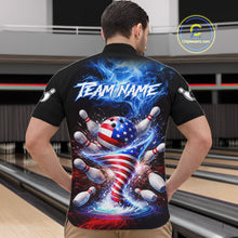 Load image into Gallery viewer, Personalized Fire Flame American Flag Tornado Bowling Team Shirts For Men Patriotic Bowling Gifts NYN2723
