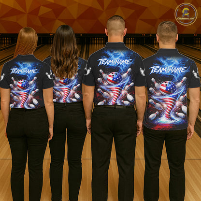 Personalized Fire Flame American Flag Tornado Bowling Team Shirts For Women Patriotic Bowling Gifts NYN2723