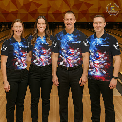 Personalized Fire Flame American Flag Tornado Bowling Team Shirts For Women Patriotic Bowling Gifts NYN2723