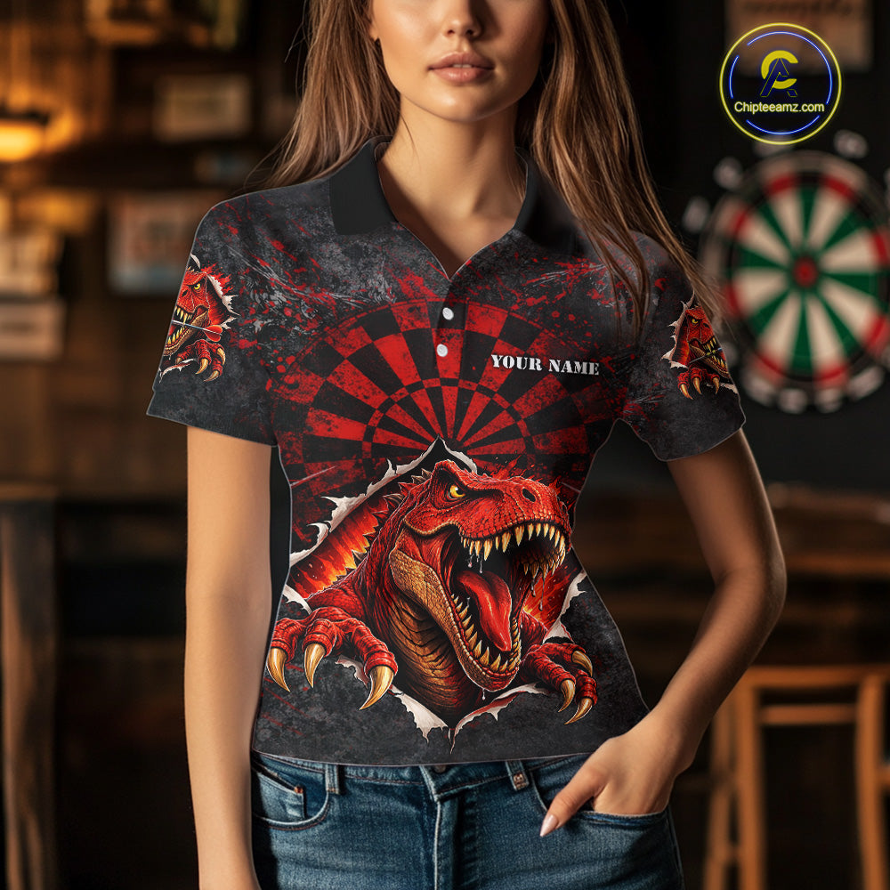 Custom Red Grunge Dart Polo & Quarter Zip Shirt For Women Dinosaur Funny Darts Team Jersey NYN2868