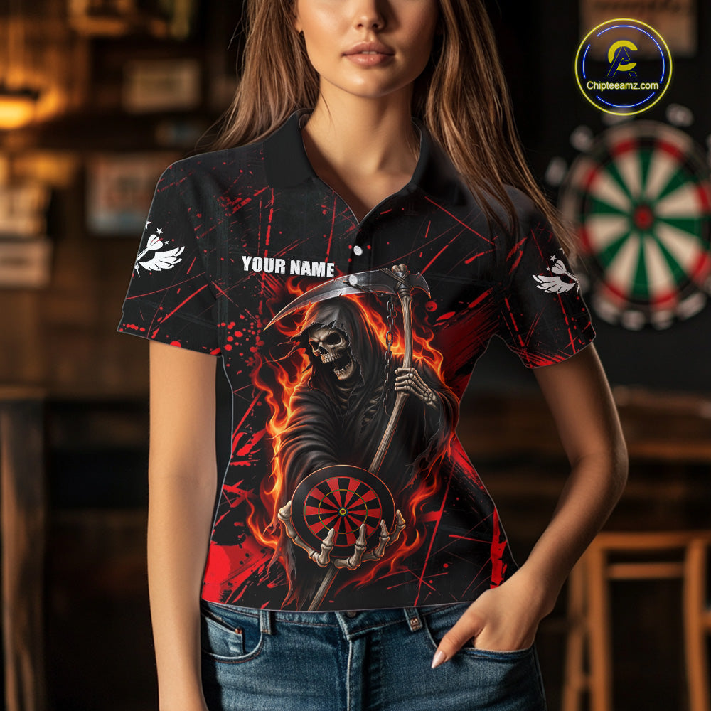 Fire Flame Red Grim Reaper Darts Polo & 1/4-Zip Shirt Custom Red Grunge Dart Jersey For Women NYN3083