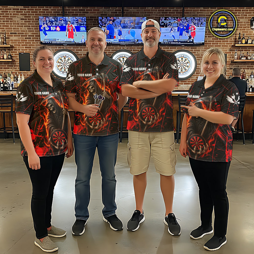 Fire Flame Red Grim Reaper Darts Polo & 1/4-Zip Shirt Custom Red Grunge Dart Jersey For Men NYN3083