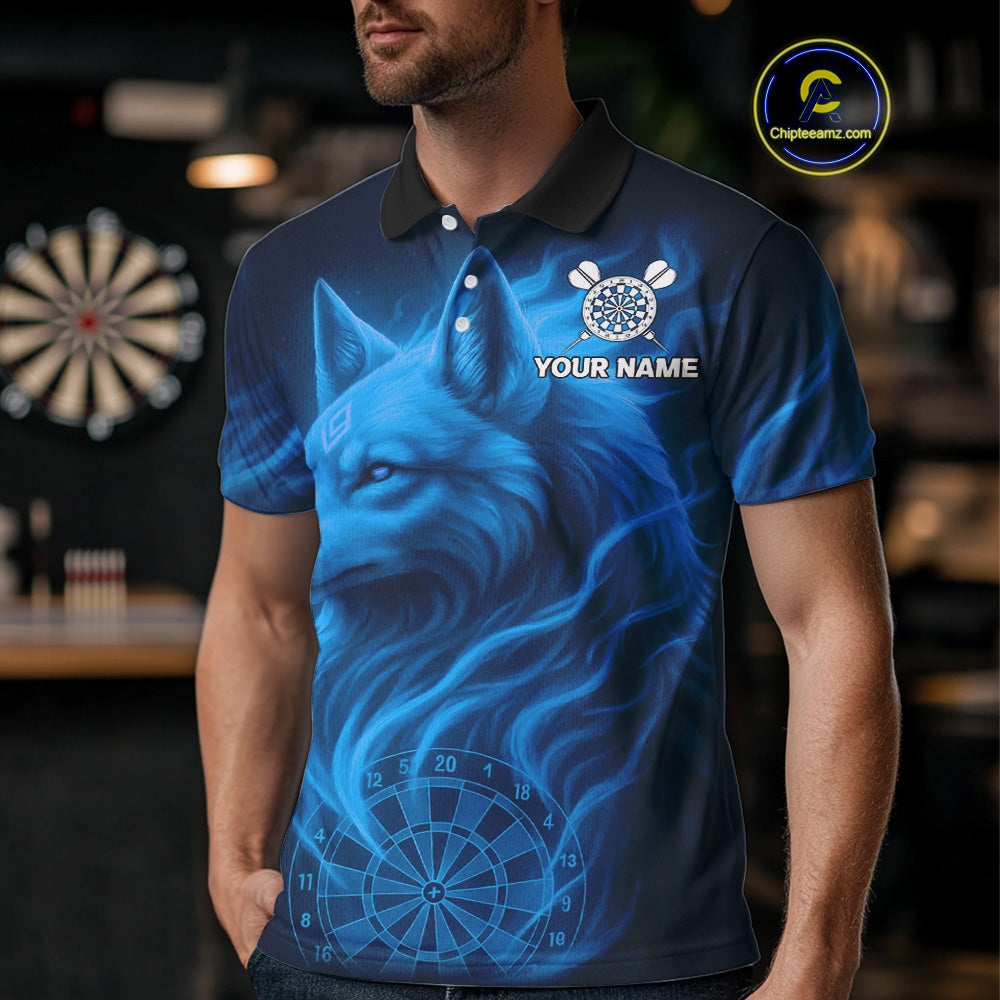 Blue Flaming Wolf Dartboard Darts Shirt For Men - Custom Team Jersey For Players NYN0575