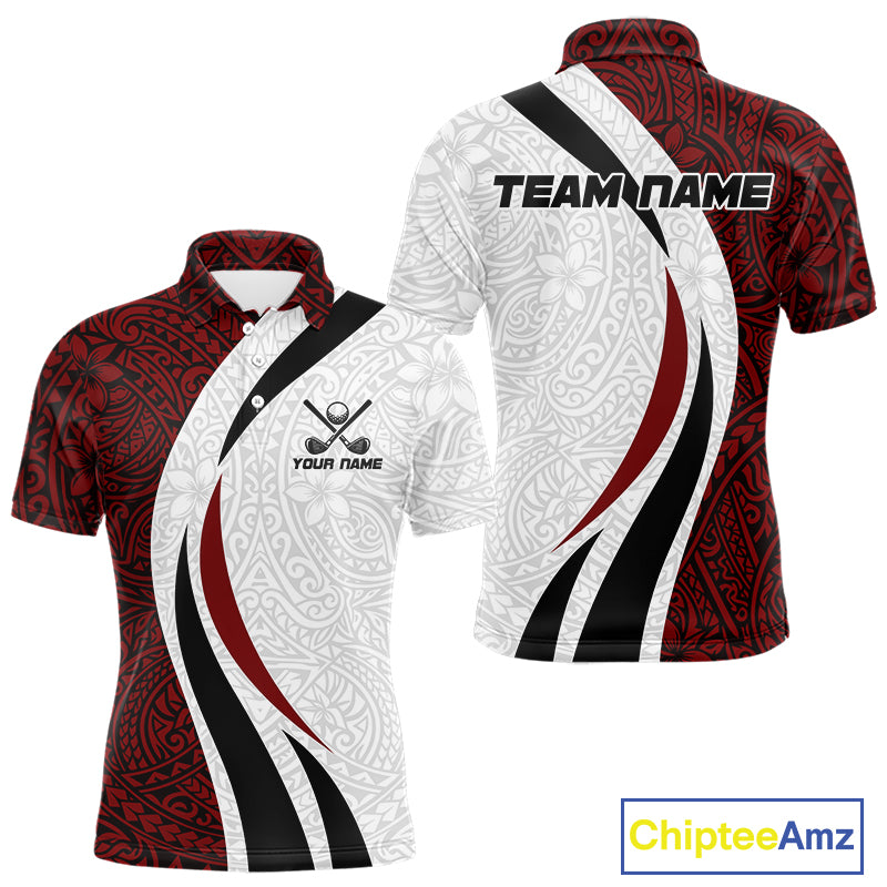 Tribal Pattern Men's Golf Polo Shirt mockup in black red white colors, personalized golf shirt, custom golf team jersey, moisture-wicking polo, golf tournament apparel, tribal geometric golf clothing.