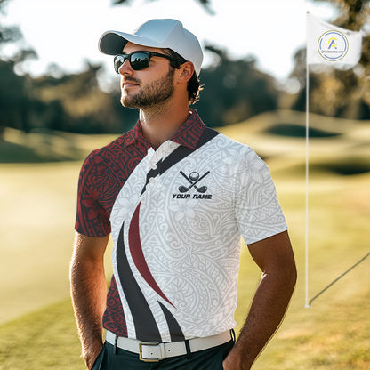 Men's model wearing Tribal Pattern Golf Polo Shirt, personalized golf attire, tribal performance polo, golf club uniform, stylish golf fashion, custom team golf apparel.