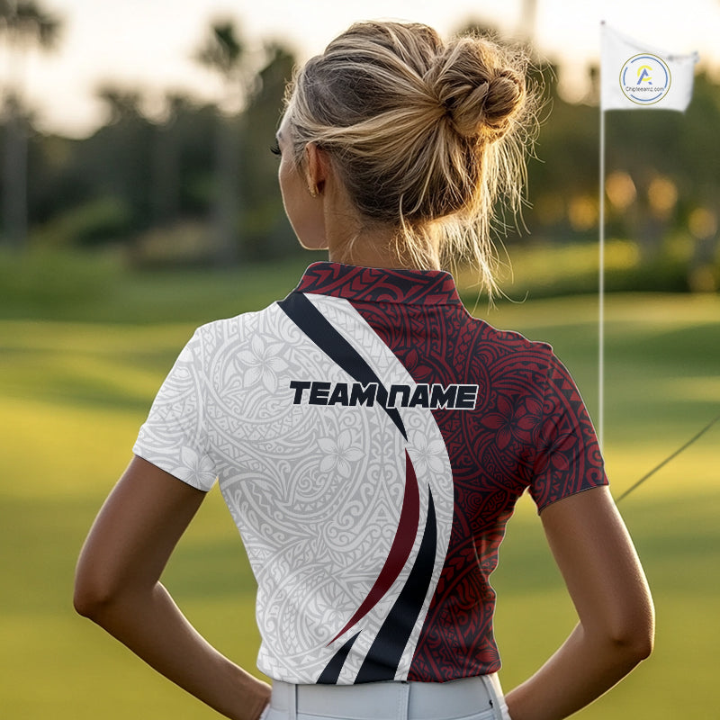 Women's model wearing Tribal Pattern Golf Polo Shirt, modern tribal golf fashion, custom golf team clothing, performance golf apparel, golf lifestyle outfit.