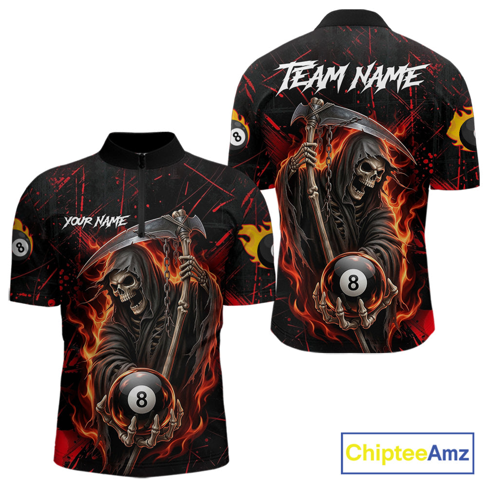 Fire Flame 8 Ball Pool Men Billiard Shirt Custom Red Grunge Grim Reaper Billiard Jersey For Pooler NYN3087