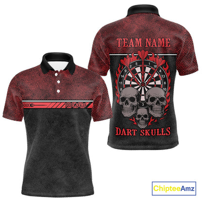 Men’s Custom Darts Shirt With Flaming Darts & Skulls And Crimson Halftone Pattern NYN0314