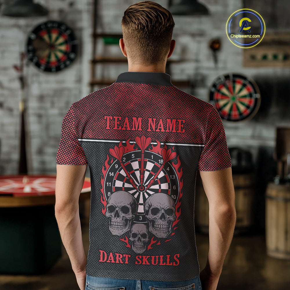 Men’s Custom Darts Shirt With Flaming Darts & Skulls And Crimson Halftone Pattern NYN0314