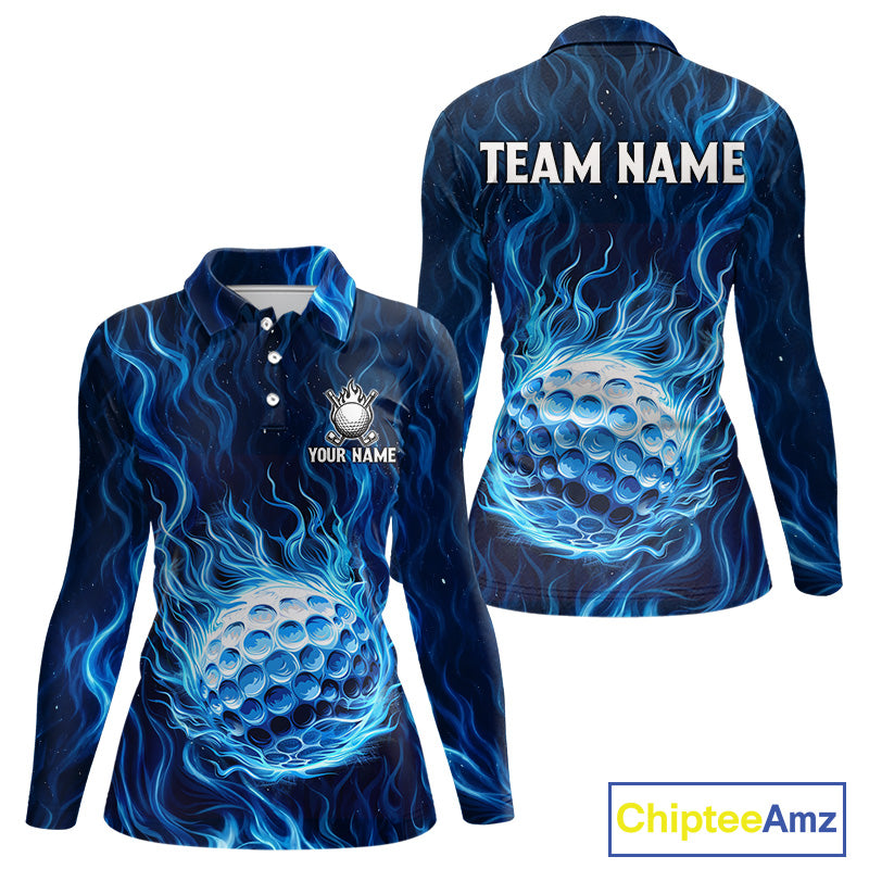 Womens Golf Polo Shirt Personalized Fire Flame Golf Ball Clothing Golf Tops For Golfers | Blue NYN3259