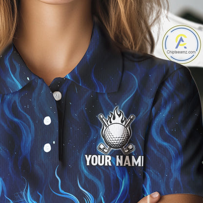 Womens Golf Polo Shirt Personalized Fire Flame Golf Ball Clothing Golf Tops For Golfers | Blue NYN3259