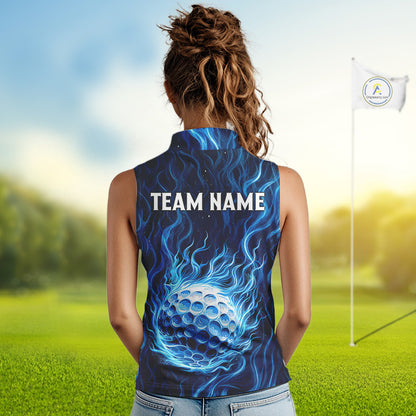 Womens Golf Sleeveless Polo Shirt Personalized Fire Flame Golf Ball Clothing Golf Tops For Golfers | Blue NYN3259