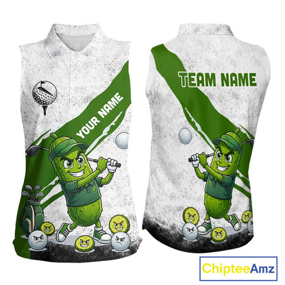 Funny Pickle Womens Golf Sleeveless Polo Shirt Custom Green And White Grunge Clothing Golf Tops NYN3261