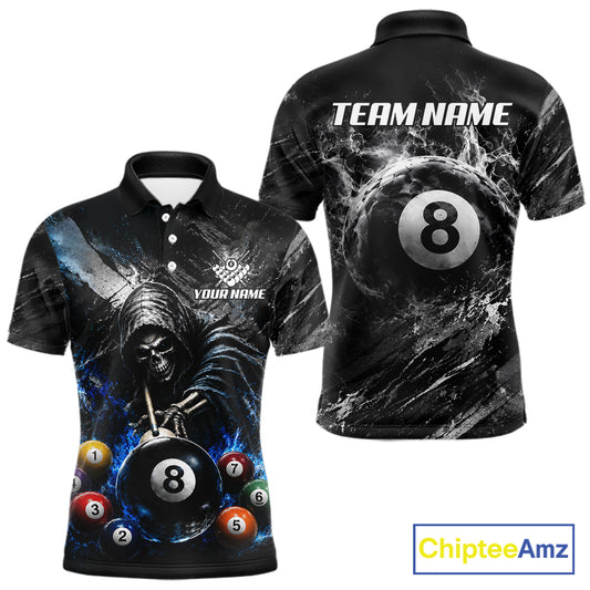 Blue White Smokes Grim Reaper men's billiard polo shirt custom 8 ball pool jersey, personalized billiards team uniform
