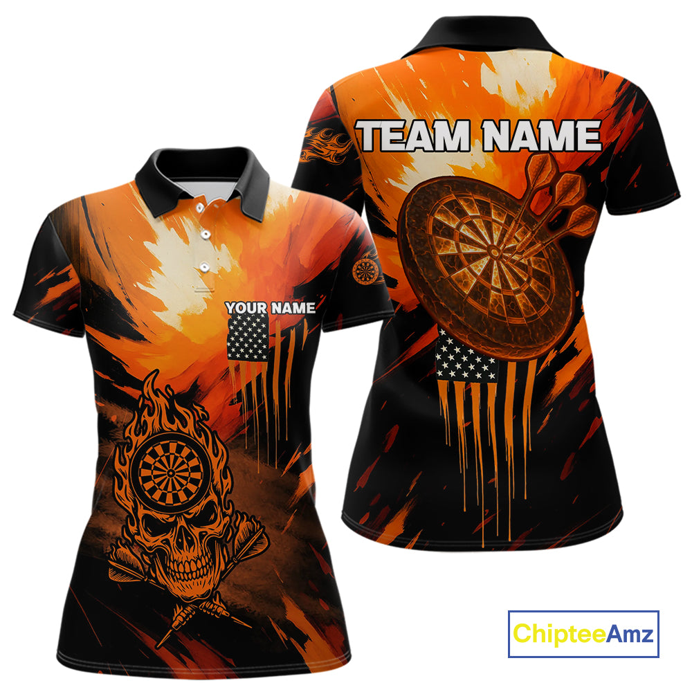 Custom Orange Grunge Skull Dartboard Patriotic Dart Women Polo Jerseys US Flag Dart Shirt NYN1713