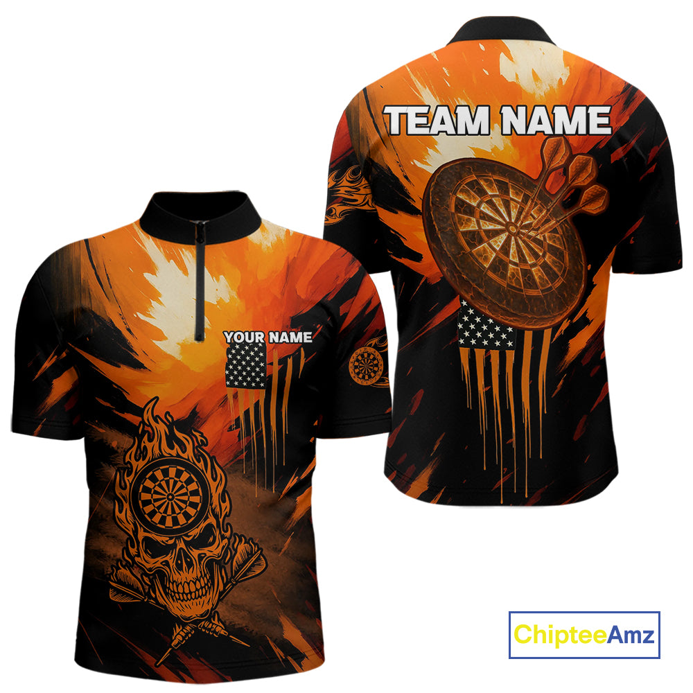 Custom Orange Grunge Skull Dartboard Patriotic Dart Men 1/4-Zip Jerseys US Flag Dart Shirt NYN1713