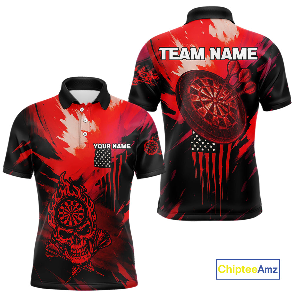 Custom Red Grunge Skull Dartboard Patriotic Dart Men Polo Jerseys US Flag Dart Shirt NYN1714