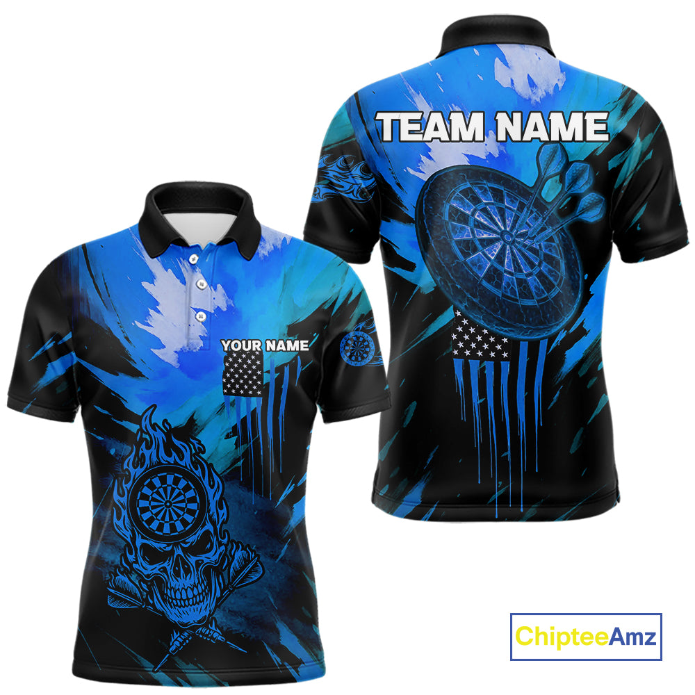 Custom Blue Grunge Skull Dartboard Patriotic Dart Men Polo Jerseys US Flag Dart Shirt NYN1715