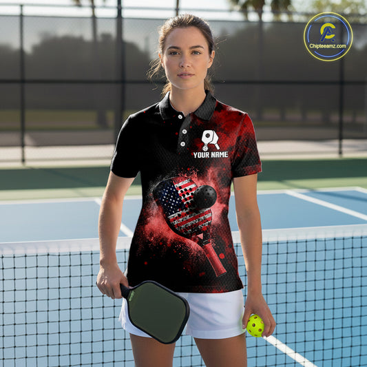Custom Black And Red Paddle & Ball Pickleball Jerseys Women US Flag Pickleball Shirts NYN2222