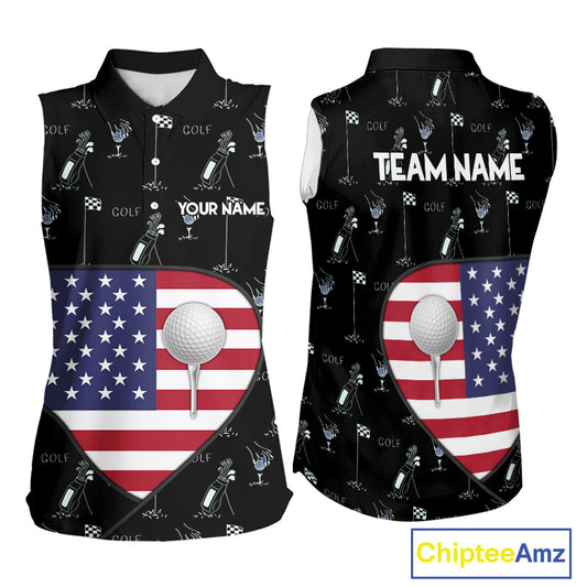 Personalized American Flag Womens Golf Sleeveless Polo Shirts Custom Patriotic Golf Ball Team Jerseys NYN3096