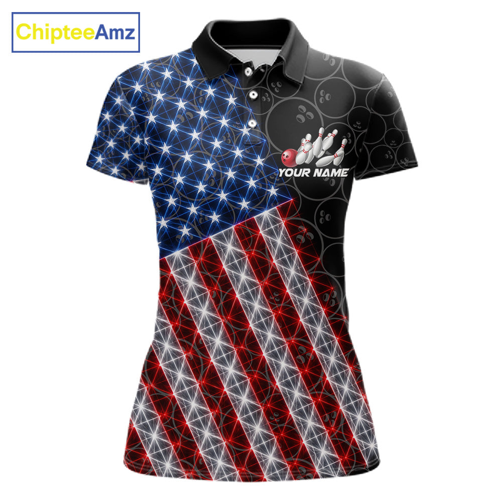 Lightning American Flag Black Bowling Shirts For Women Custom Patriotic Team Bowling Jersey NYN3272